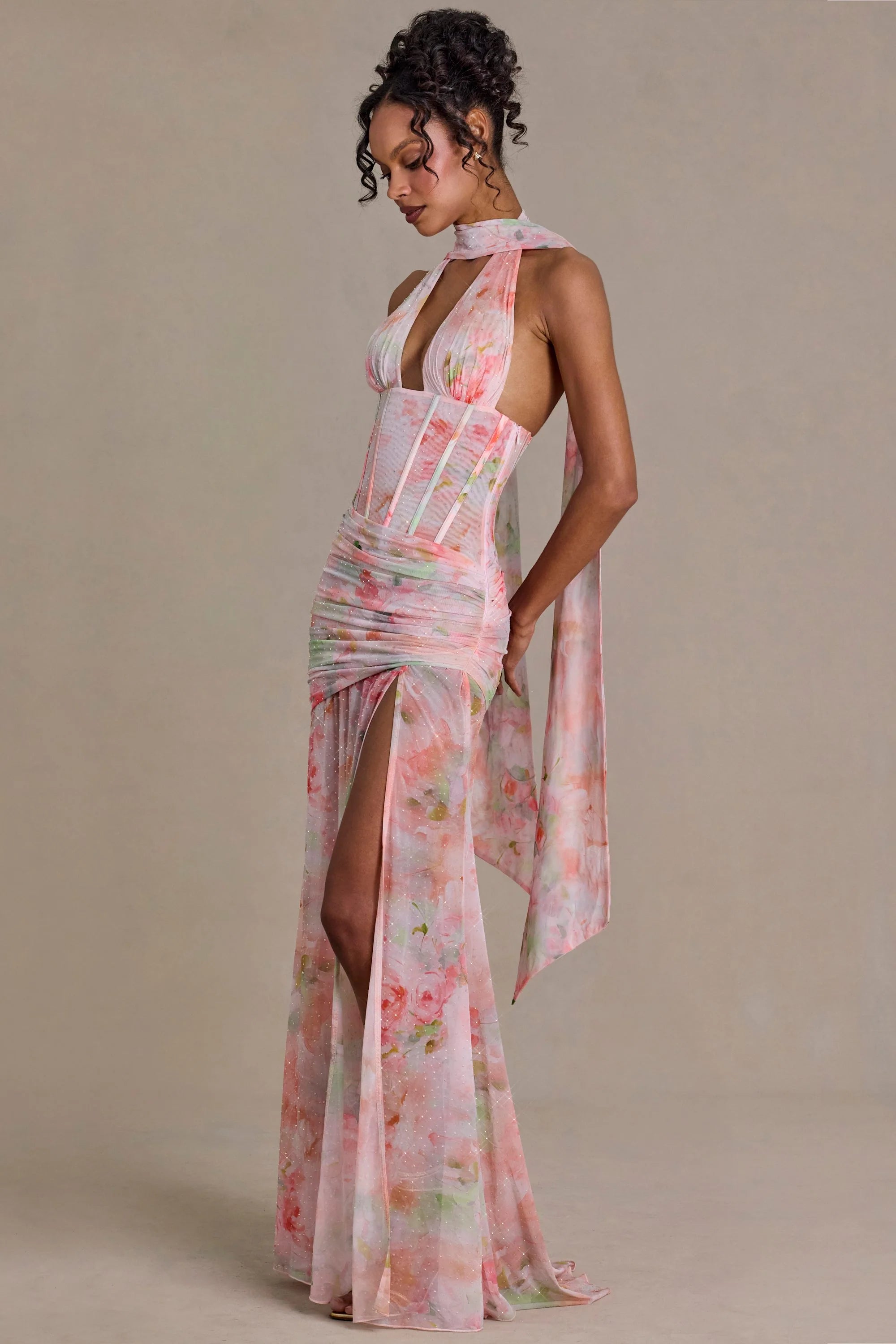 Premium Embellished Scarf-Detail Maxi Dress in Pink Floral Print
