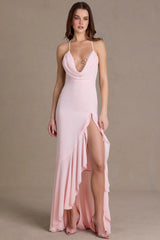Premium Chiffon Cowl-Neck Open-Back Gown in Baby Pink