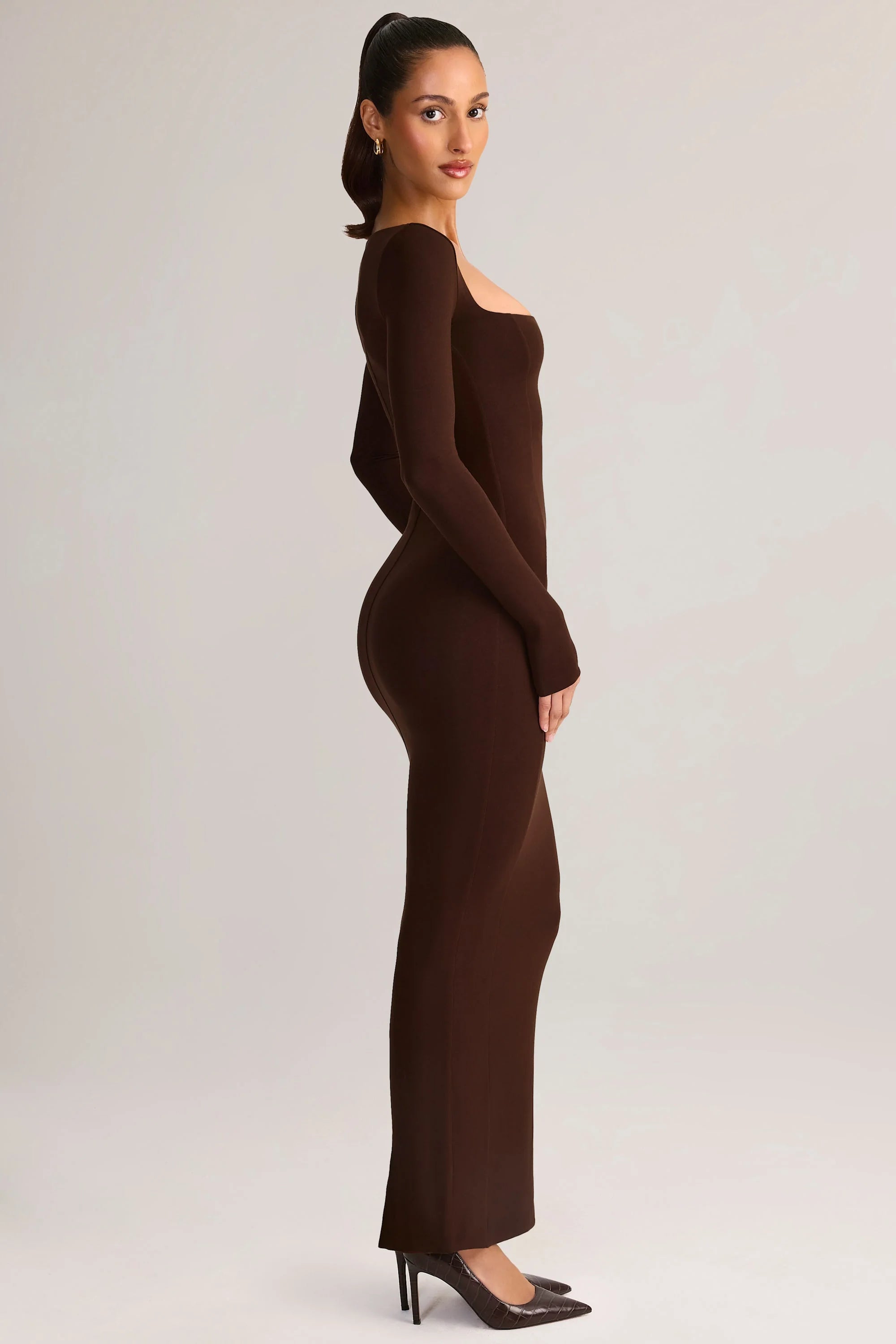 Modal Square-Neck Bodycon Maxi Dress in Chocolate Brown