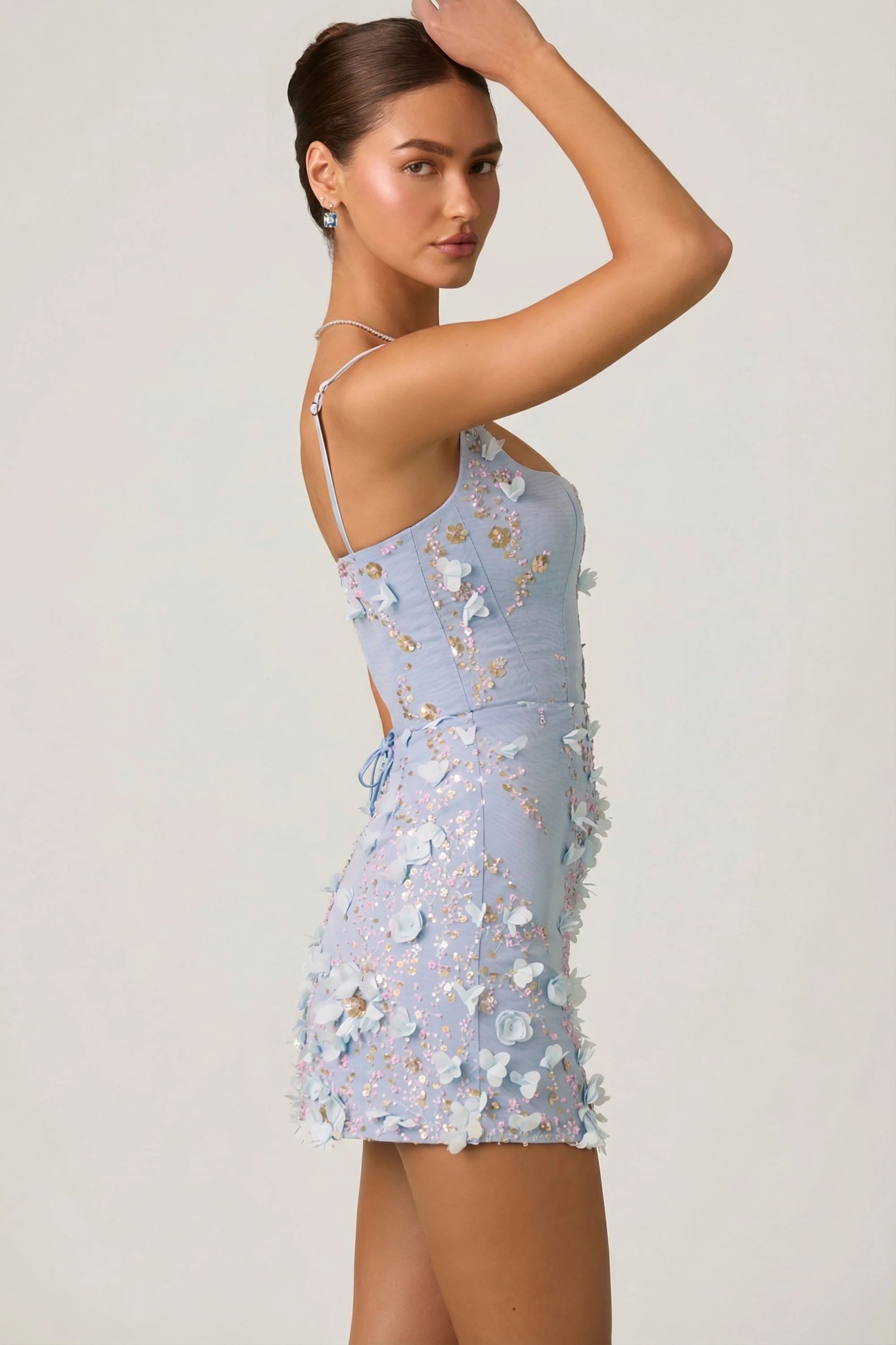 Embellished Appliqué Corset Mini Dress in Sky Blue