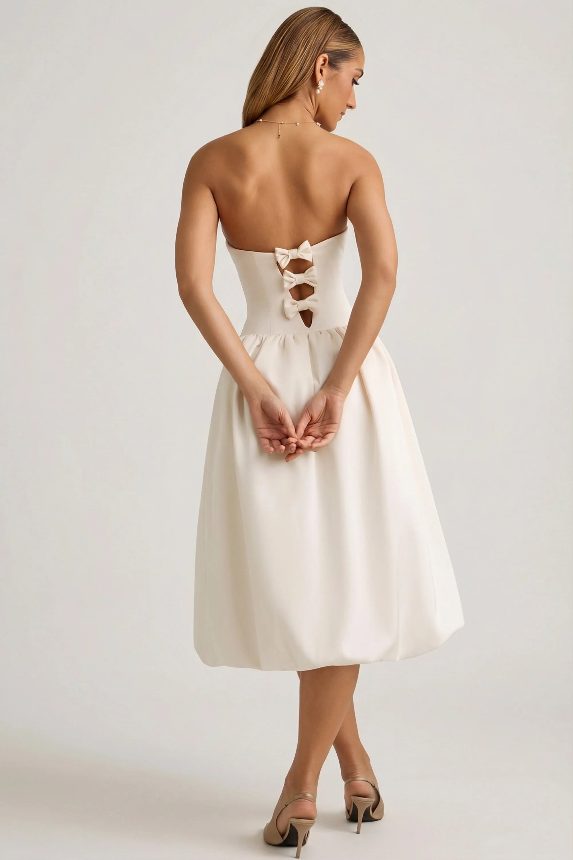 Convertible Bow-Detail Bubble Hem Midaxi Dress in Ivory