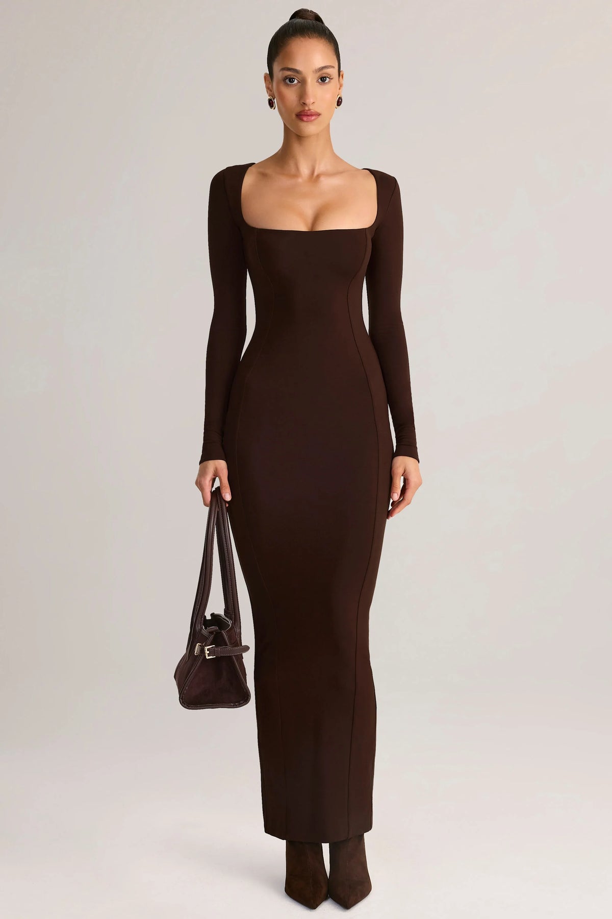 Modal Square-Neck Bodycon Maxi Dress in Chocolate Brown