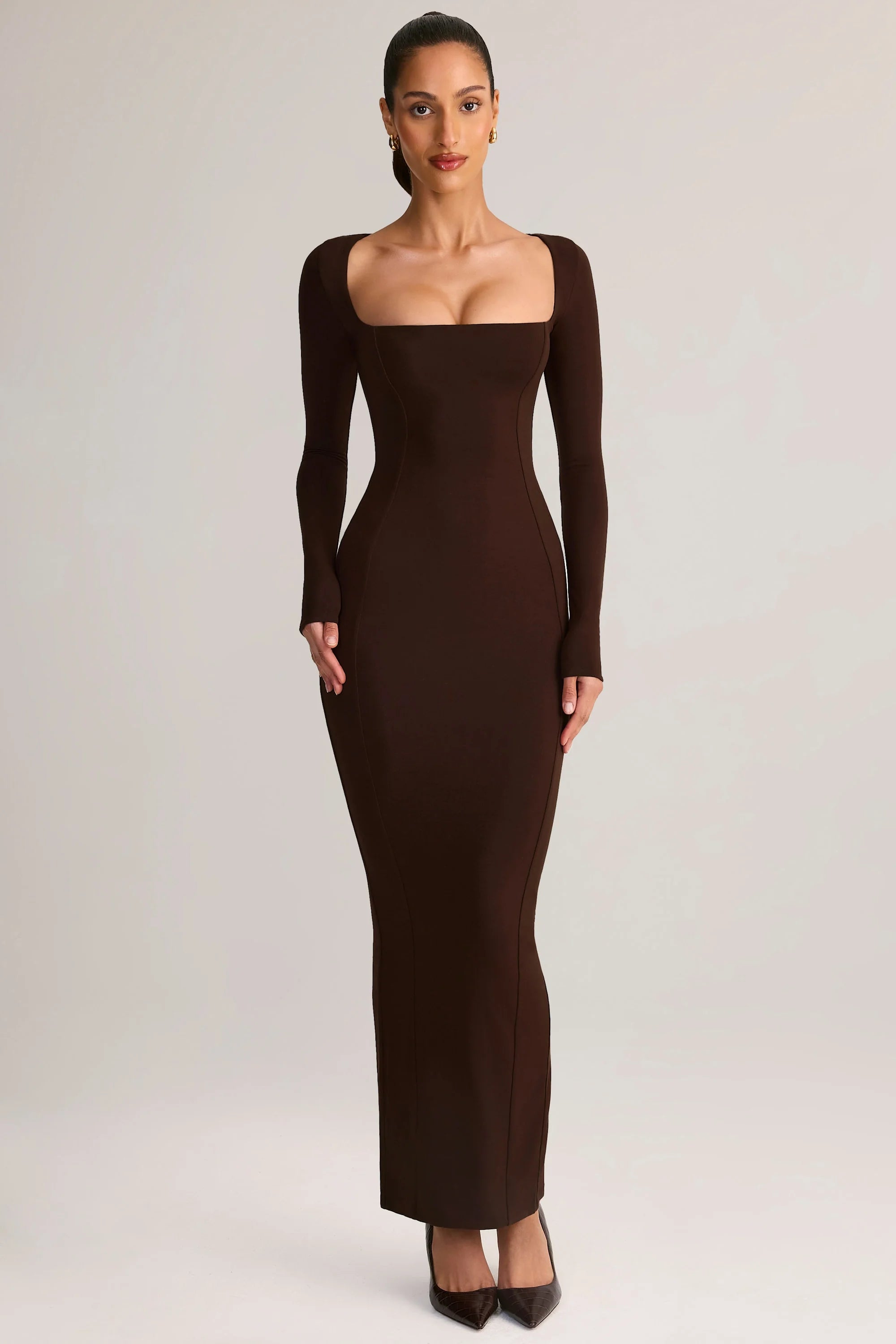 Modal Square-Neck Bodycon Maxi Dress in Chocolate Brown