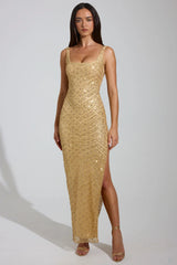 Embellished Scoop-Neck Thigh-Split Maxi Dress in Gold
