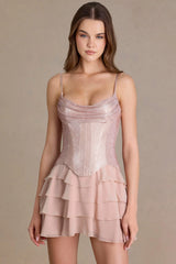 Premium Embellished Corset Mini Dress in Beige Gold