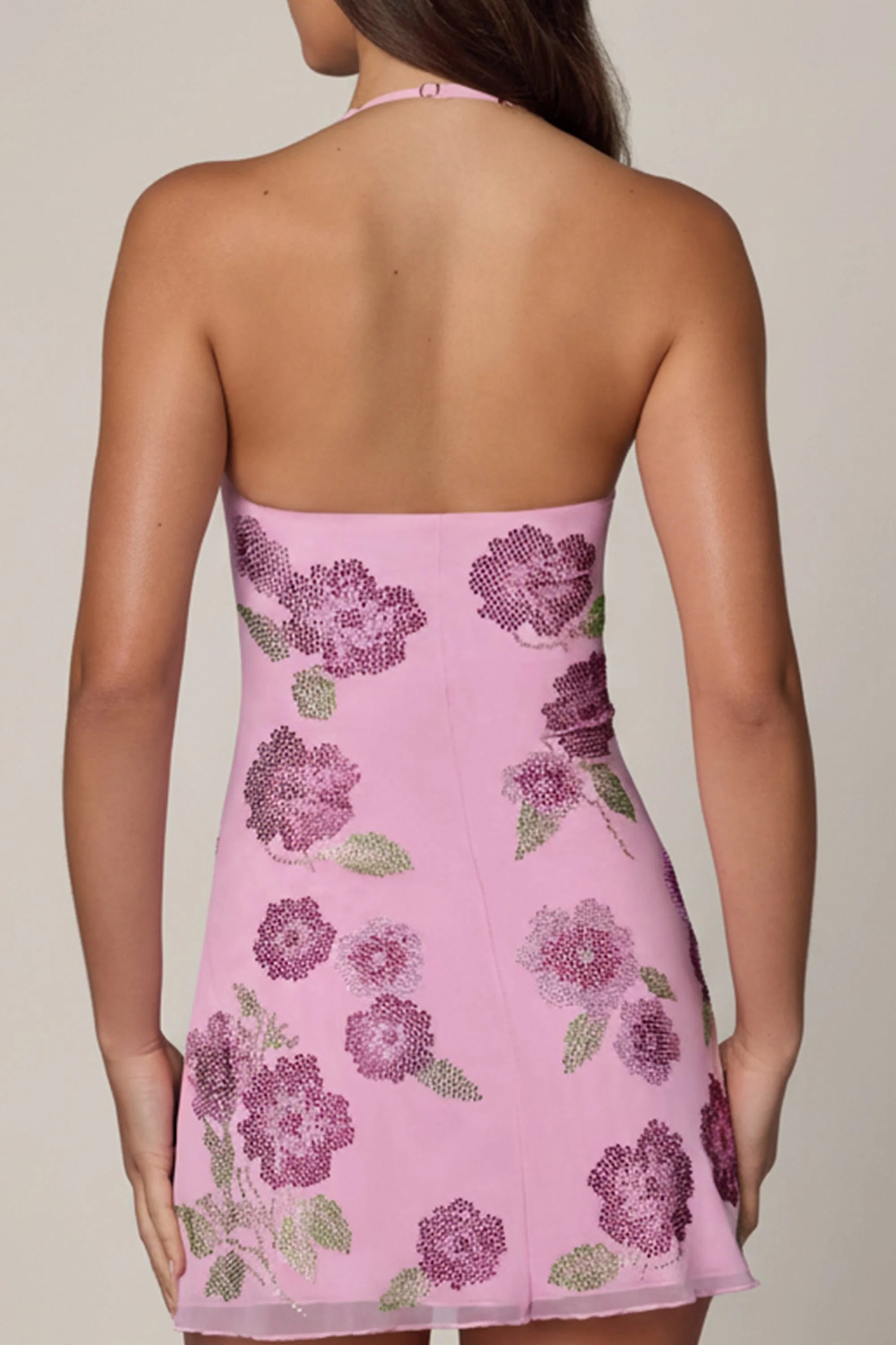 Embellished Halterneck Mini Dress in Soft Pink