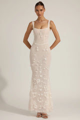 Embellished Appliqué Soft-Scoop Corset Gown in White