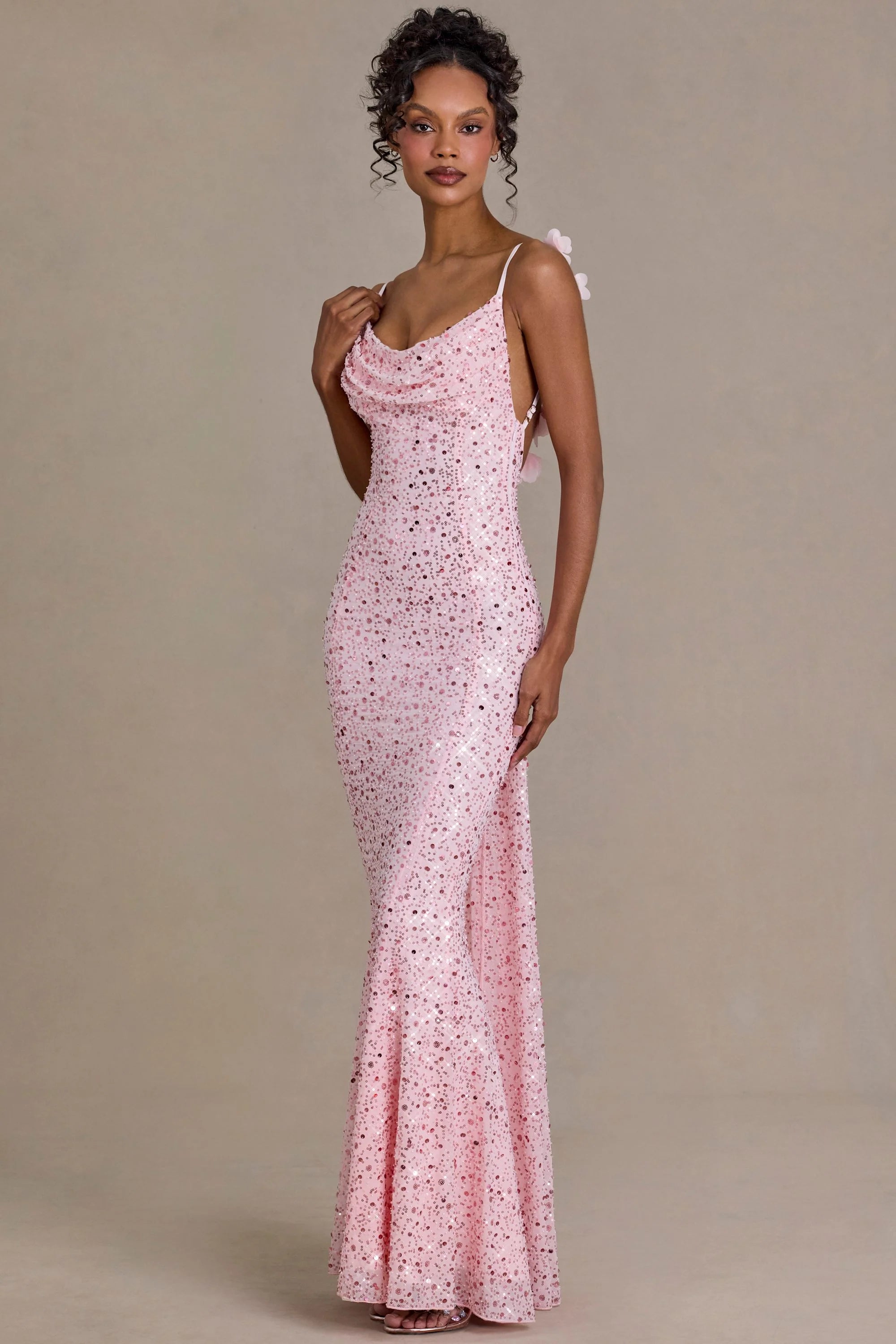 Premium Embellished Open-Back Maxi Dress in Baby Pink