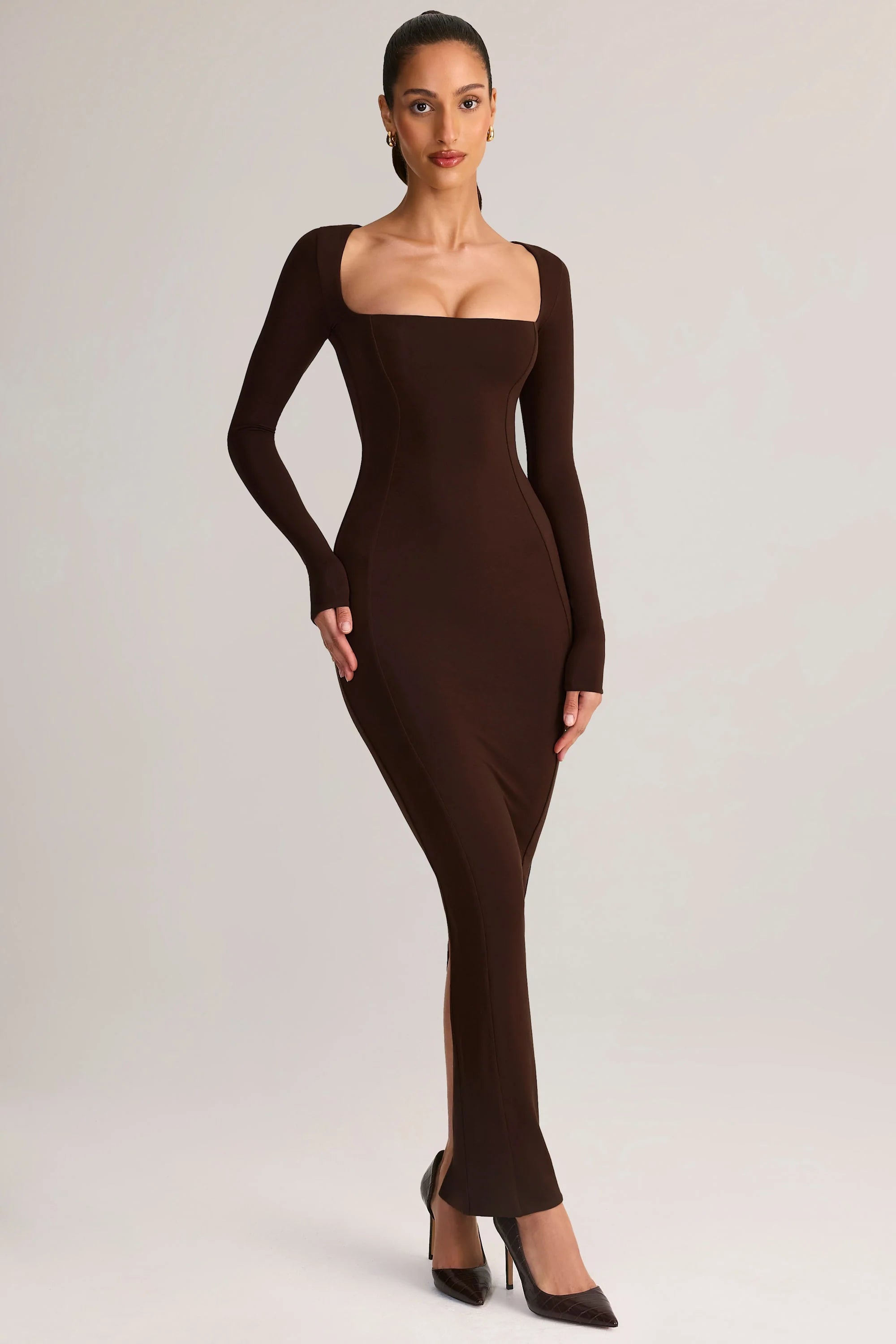 Modal Square-Neck Bodycon Maxi Dress in Chocolate Brown