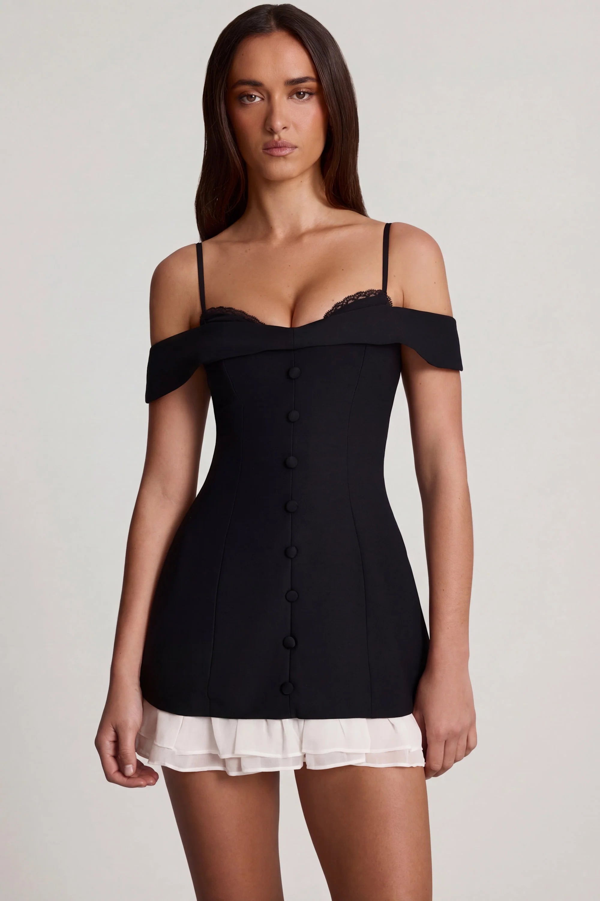 Off-Shoulder Ruffle A-Line Mini Dress in Black