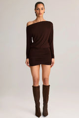 Modal Off-Shoulder Wrap Mini Dress in Chocolate Brown