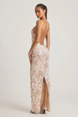 Embellished Scoop-Neck Backless Maxi Dress in Ivory