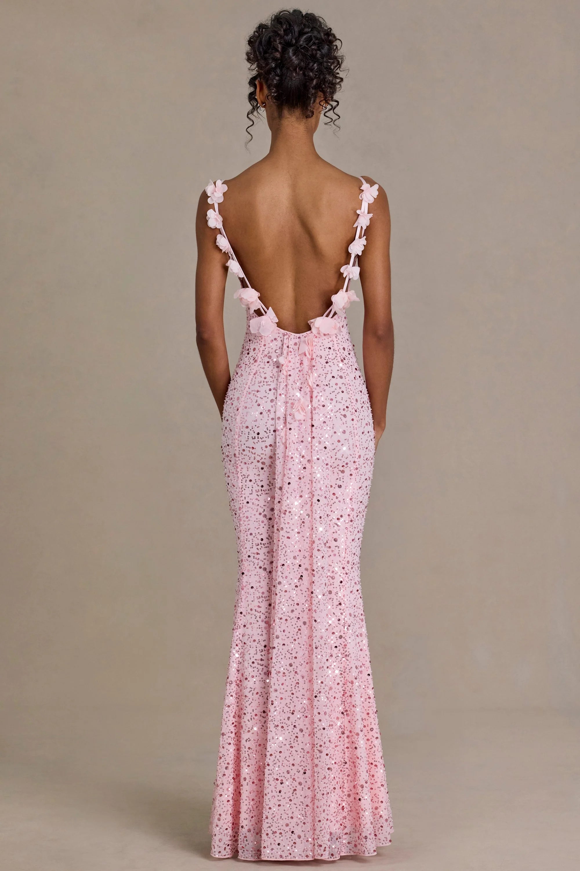 Premium Embellished Open-Back Maxi Dress in Baby Pink