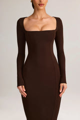 Modal Square-Neck Bodycon Maxi Dress in Chocolate Brown