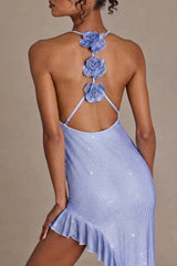 Premium Embellished Plunge Asymmetric Maxi Dress in Sky Blue