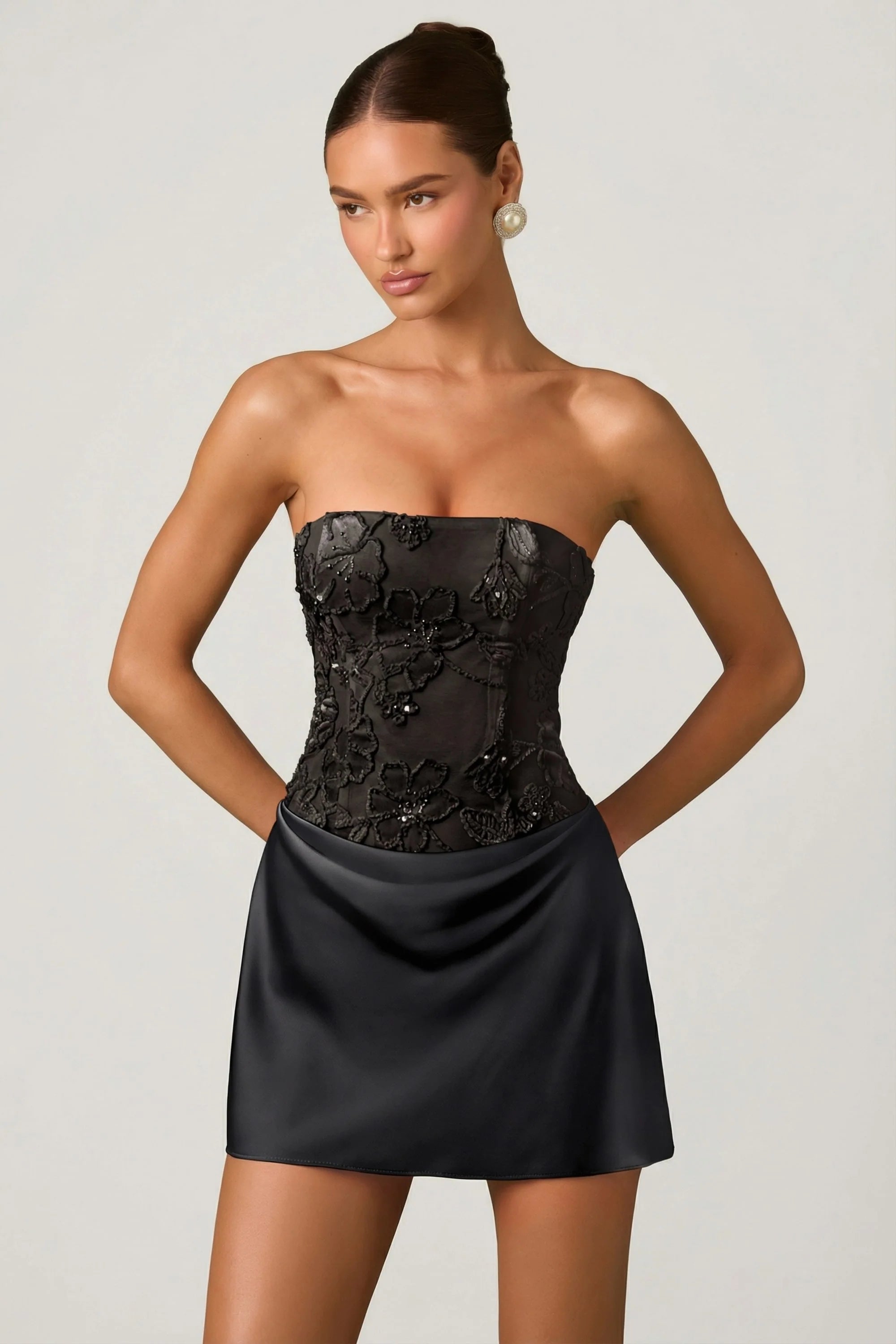 Embellished Draped Strapless A-Line Mini Dress in Black
