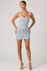 Embellished Appliqué Corset Mini Dress in Sky Blue