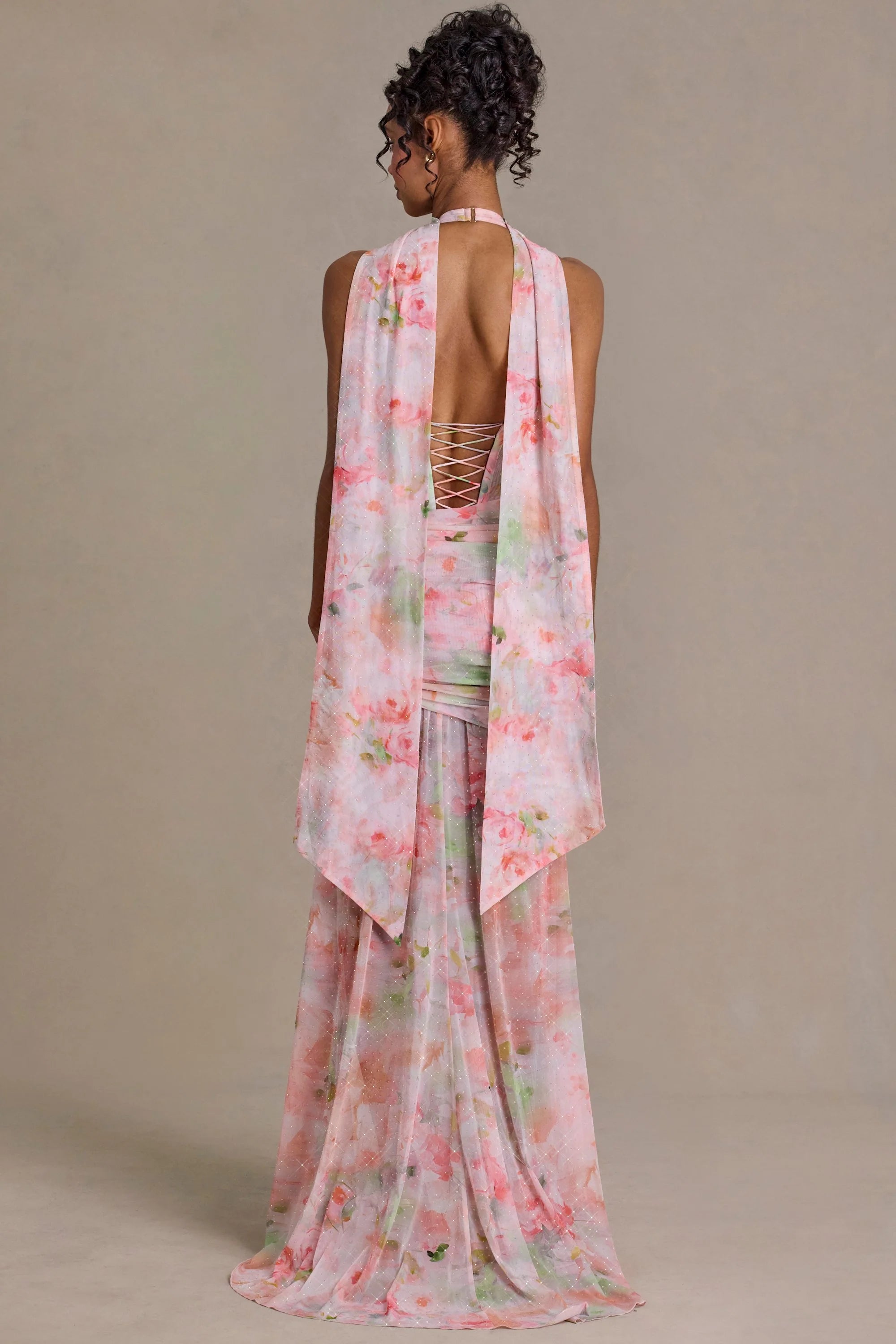 Premium Embellished Scarf-Detail Maxi Dress in Pink Floral Print