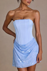 Premium Satin Embellished Skirt Mini Dress in Sky Blue