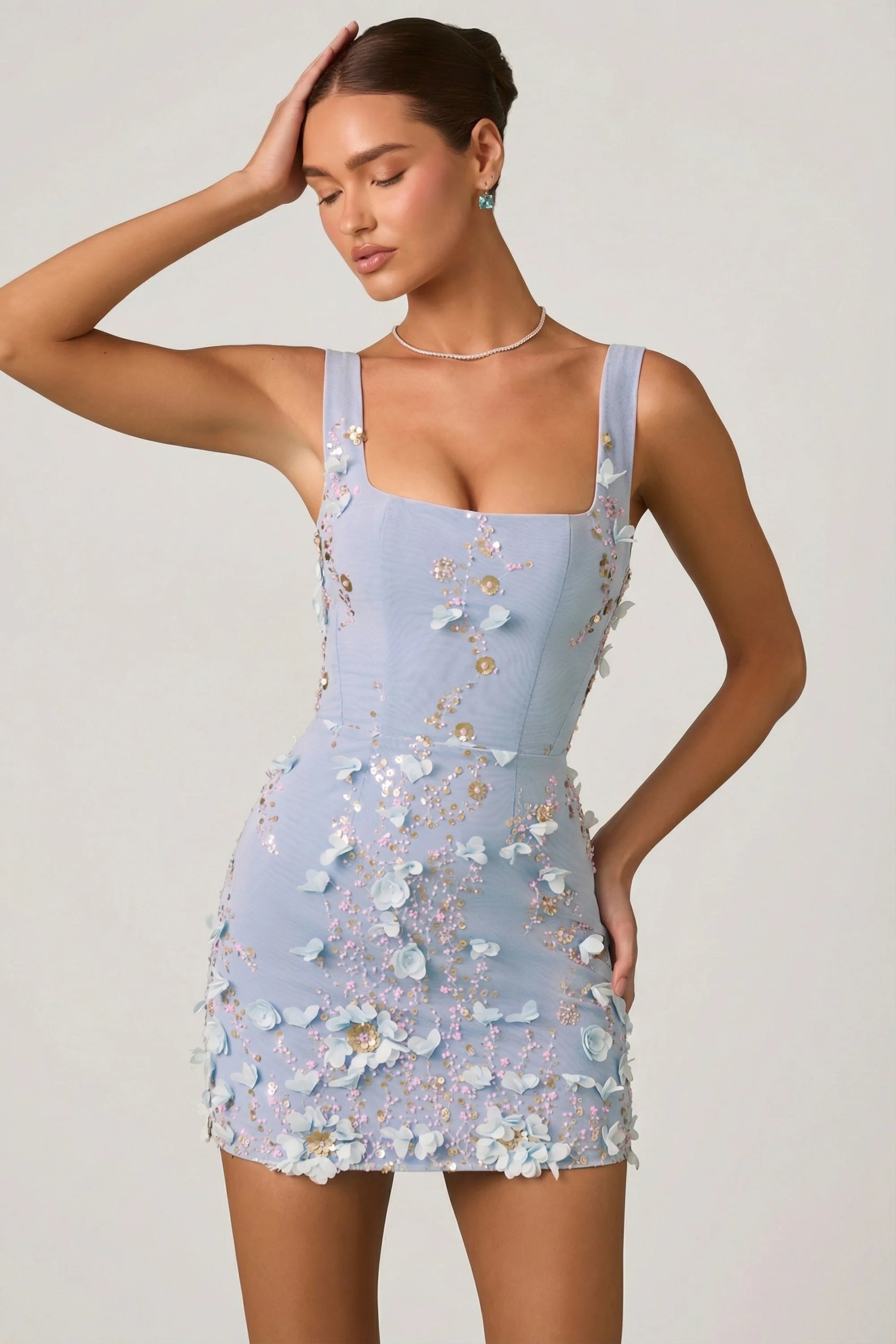 Embellished Appliqué Corset Mini Dress in Sky Blue