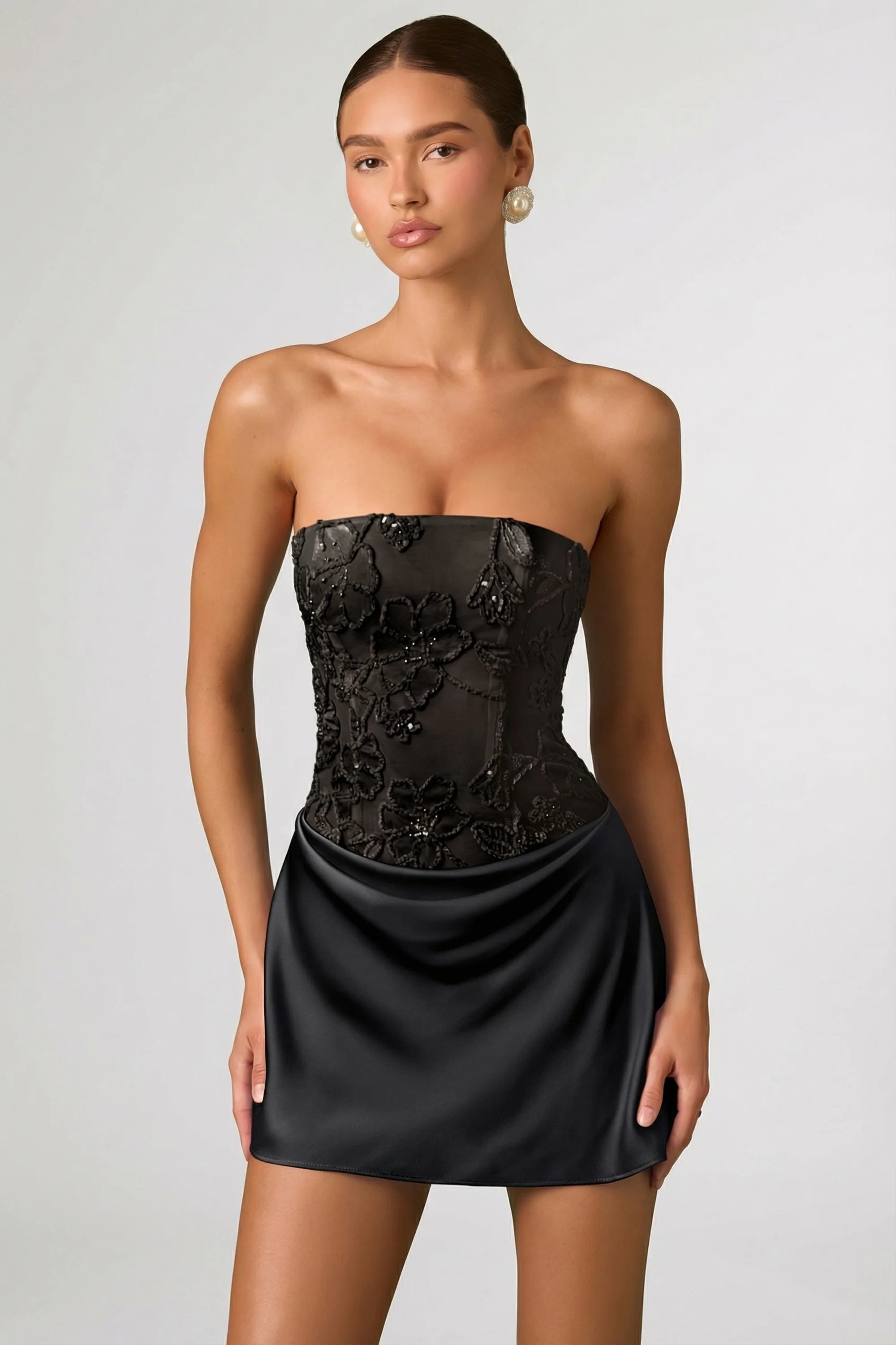 Embellished Draped Strapless A-Line Mini Dress in Black
