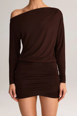 Modal Off-Shoulder Wrap Mini Dress in Chocolate Brown