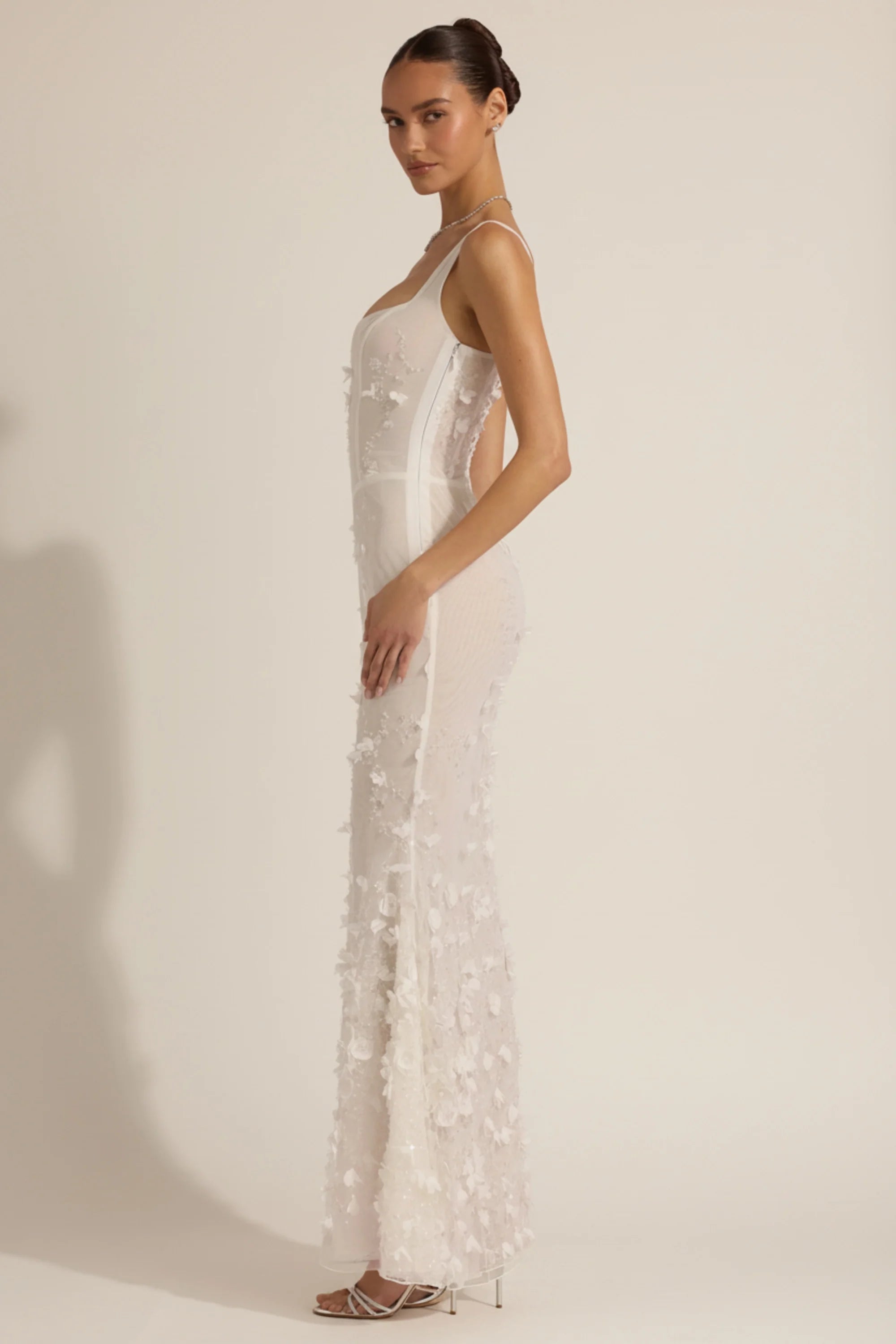 Embellished Appliqué Soft-Scoop Corset Gown in White