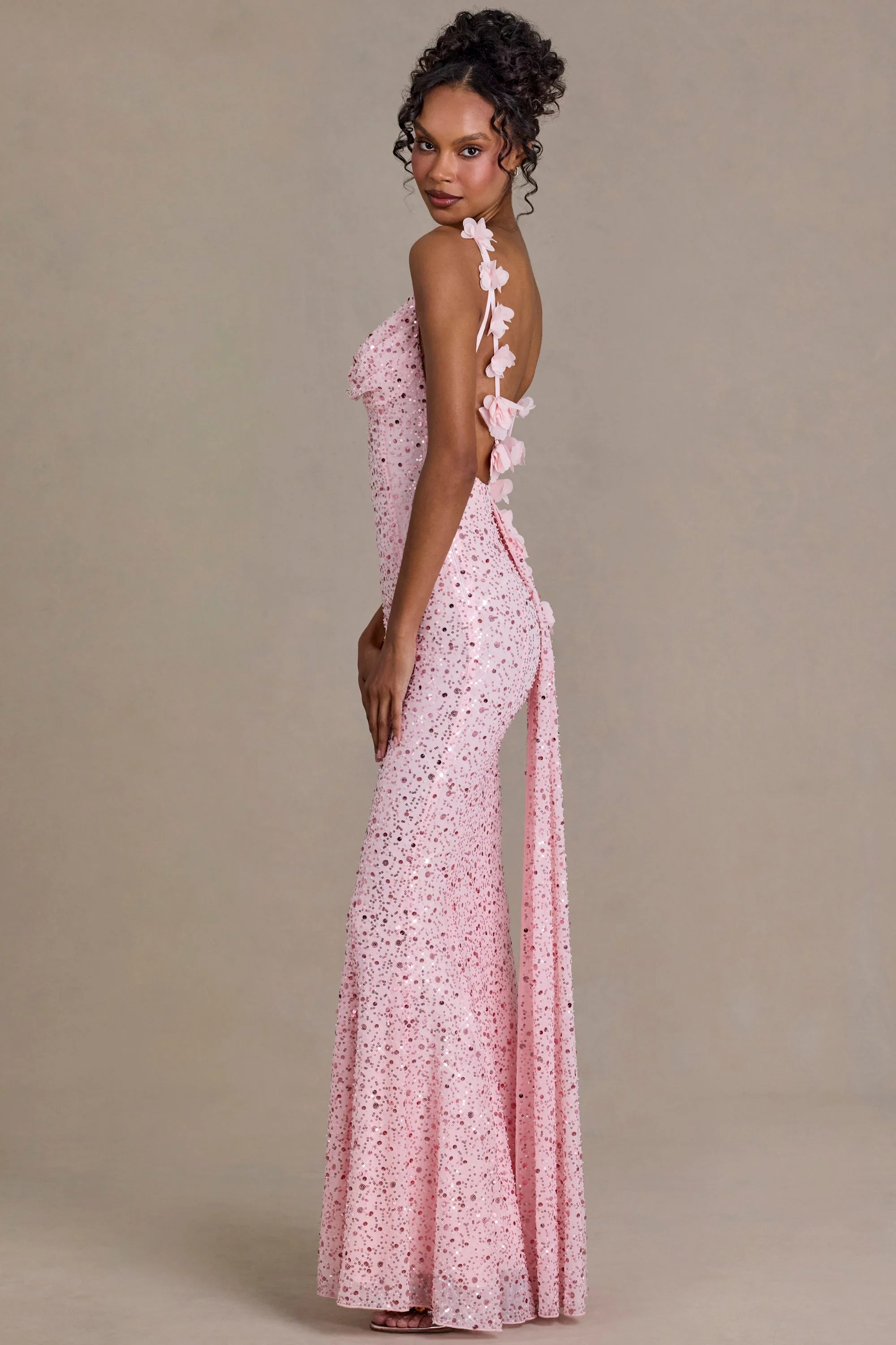 Premium Embellished Open-Back Maxi Dress in Baby Pink